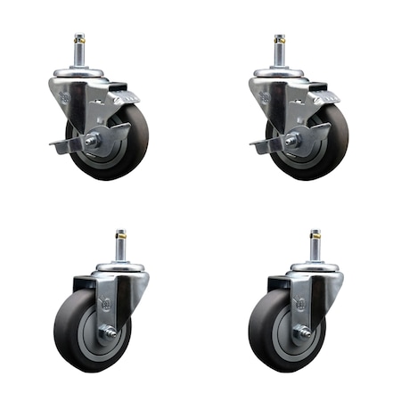 Service Caster 3.5'' Thermo Rubber Wheel Swivel 7/16'' Grip Ring Stem Caster Set 2 Brake, 4PK SCC-GR20S3514-TPRB-TLB-716138-2-S-2